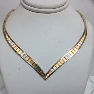 14k Lady's Yellow Tri-Color REAL Solid Gold  Fancy V Shaped necklace 16''  12.4g